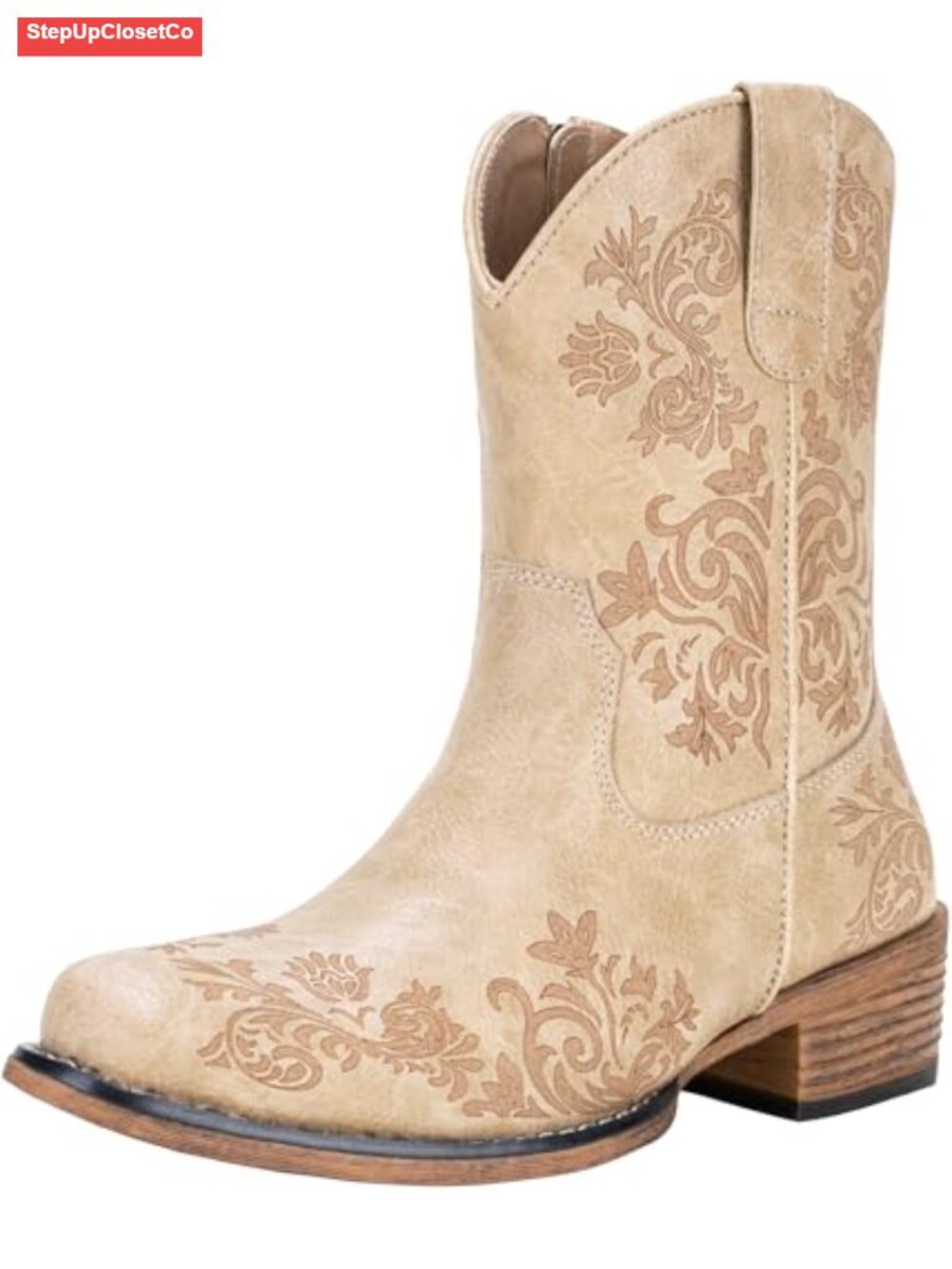 Women's Square Toe Ankle Cowboy Boots Faux Leather Low Heel Western Booties
